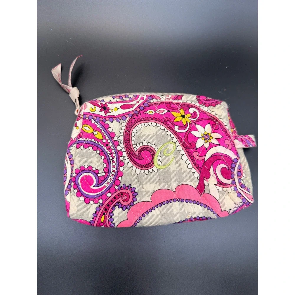 Vera Bradley Cosmetic Bag Womens Small Pink Paisley Monogram C Quilted Pouch